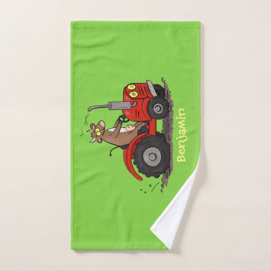 赤いトラクター漫画を運転する可愛い幸せな牛 バスタオルセット (ハンドタオル)