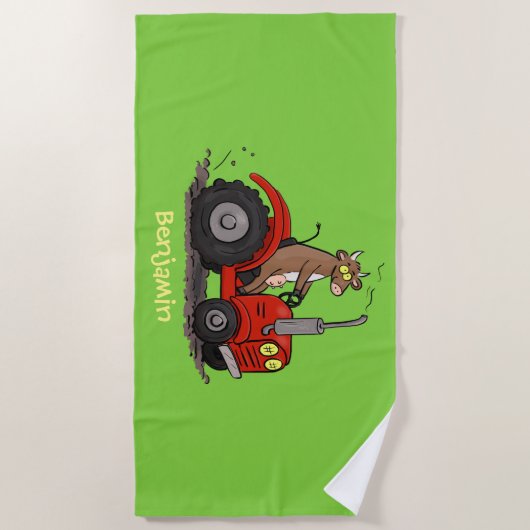 赤いトラクター漫画を運転する可愛い幸せな牛 ビーチタオル (正面)