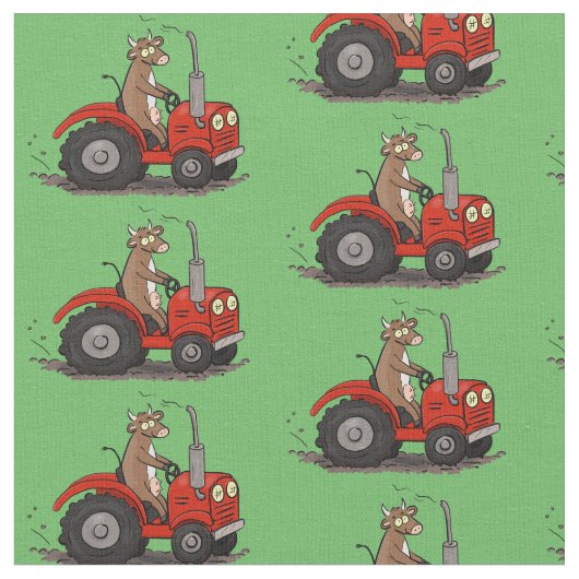 赤いトラクター漫画を運転する可愛い幸せな牛 ファブリック (クローズアップ)