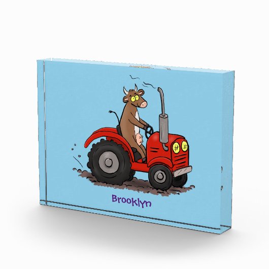 赤いトラクター漫画を運転する可愛い幸せな牛 フォトブロック (右)