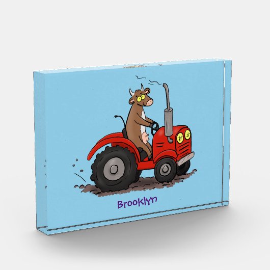 赤いトラクター漫画を運転する可愛い幸せな牛 フォトブロック (左)