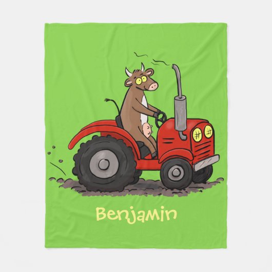 赤いトラクター漫画を運転する可愛い幸せな牛 フリースブランケット (正面)