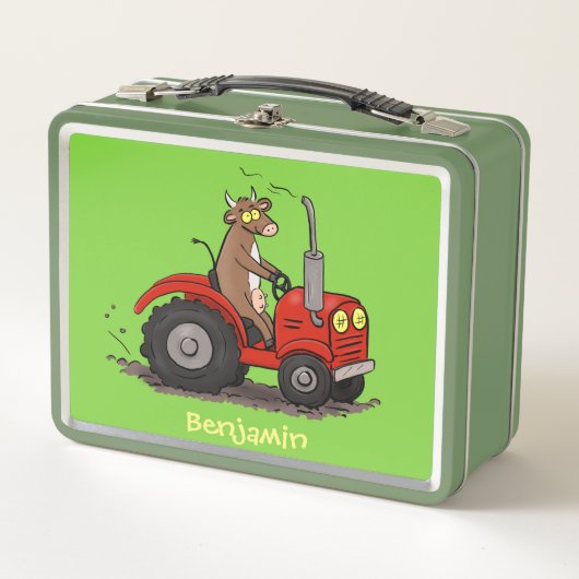 赤いトラクター漫画を運転する可愛い幸せな牛 メタルランチボックス (正面)
