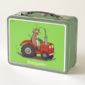 赤いトラクター漫画を運転する可愛い幸せな牛 メタルランチボックス (裏面)