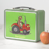 赤いトラクター漫画を運転する可愛い幸せな牛 メタルランチボックス (インサイチュ)