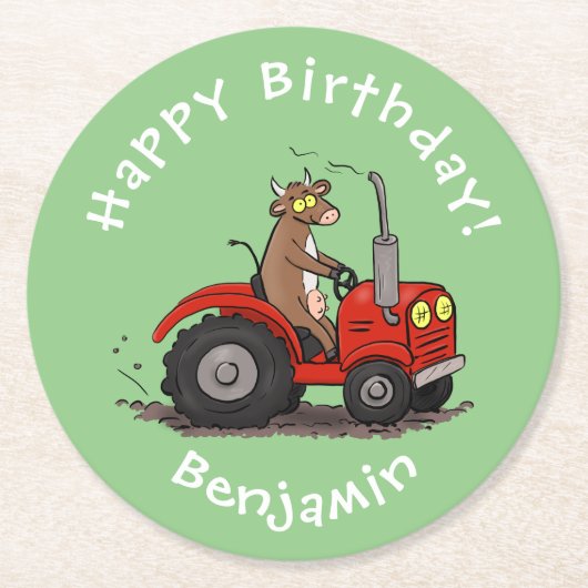 赤いトラクター漫画を運転する可愛い幸せな牛 ラウンドペーパーコースター (正面)