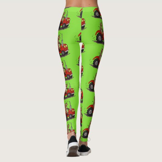 赤いトラクター漫画を運転する可愛い幸せな牛 レギンス (裏面)