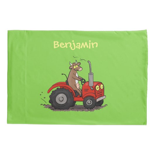 赤いトラクター漫画を運転する可愛い幸せな牛 枕カバー (裏面)