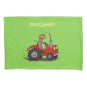 赤いトラクター漫画を運転する可愛い幸せな牛 枕カバー (正面)