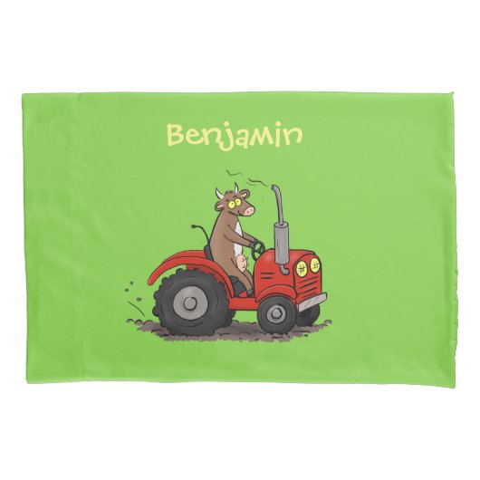 赤いトラクター漫画を運転する可愛い幸せな牛 枕カバー (正面)