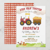 赤いトラクター(年齢不問)、ファームボーイの誕生日 招待状 (正面/裏面)