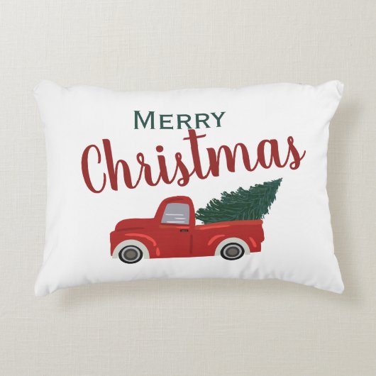 赤いトラックがクリスマスを祝う アクセントクッション (正面)