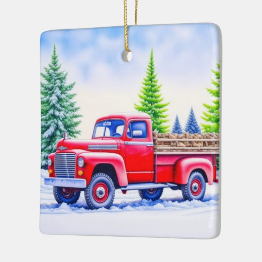 赤いトラックで薪を運ぶクリスマスパーソナライズされた セラミックオーナメント (左)