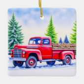 赤いトラックで薪を運ぶクリスマスパーソナライズされた セラミックオーナメント (正面)