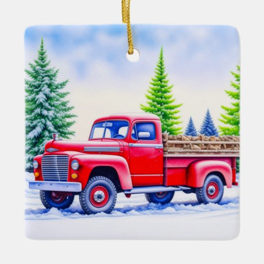 赤いトラックで薪を運ぶクリスマスパーソナライズされた セラミックオーナメント (正面)