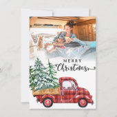 赤いトラックとクリスマスツリーの写真の休日 シーズンカード (正面)