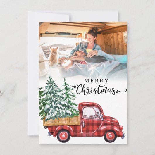 赤いトラックとクリスマスツリーの写真の休日 シーズンカード (正面)
