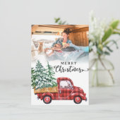 赤いトラックとクリスマスツリーの写真の休日 シーズンカード (スタンド正面)