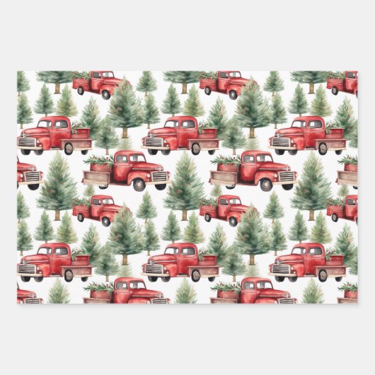 赤いトラックとクリスマスツリープレイドファームクリスマス ラッピングペーパーシート (正面)