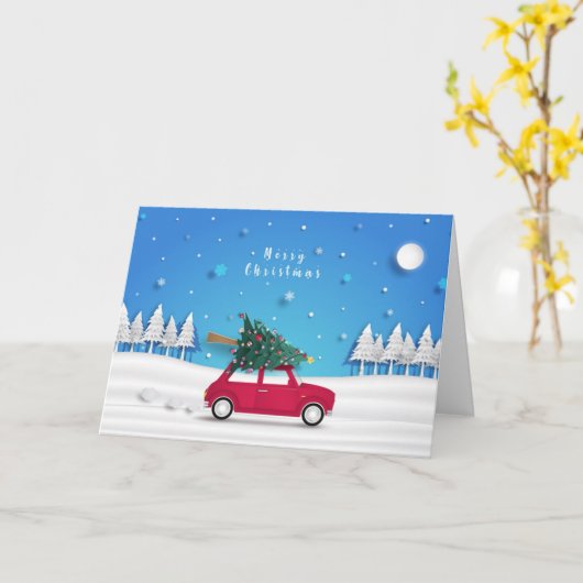 赤いトラックとクリスマスツリー カード (黄色い花)