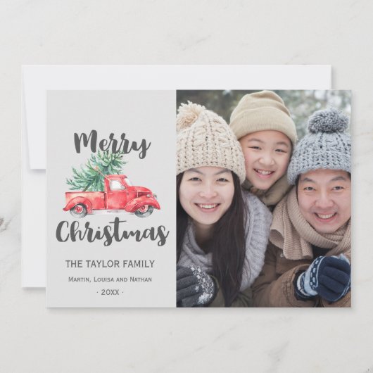 赤いトラックと木のクリスマスフォト シーズンカード (正面)
