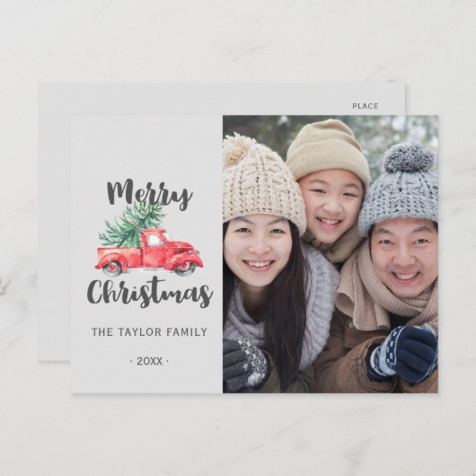 赤いトラックと木のクリスマス写真 シーズンポストカード (正面/裏面)