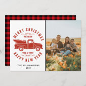 赤いトラックと木のクリスマス写真 ホリデーシーズン シーズンカード (正面/裏面)