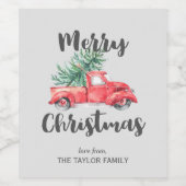 赤いトラックと木のメリークリスマスプレゼント ワインラベル (シングルラベル)