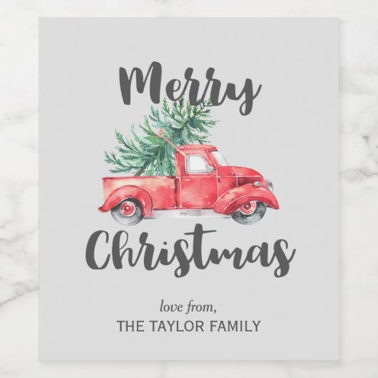 赤いトラックと木のメリークリスマスプレゼント ワインラベル (シングルラベル)