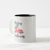 赤いトラックと木のメリークリスマス ツートーンマグカップ (正面左)