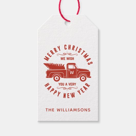 赤いトラックと木メリークリスマスハッピーニューイヤー ギフトタグ (正面)