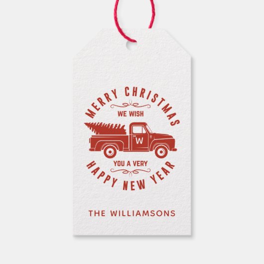 赤いトラックと木メリークリスマスハッピーニューイヤー ギフトタグ (裏面)