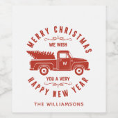 赤いトラックと木メリークリスマスハッピーニューイヤー ワインラベル (シングルラベル)