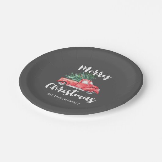 赤いトラックと木 |グレー・メリー・クリスマス・パーティー ペーパープレート (アングル)