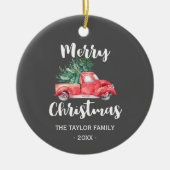 赤いトラックと木 |グレー・メリー・クリスマス・ホリデー セラミックオーナメント (正面)