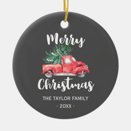 赤いトラックと木 |グレー・メリー・クリスマス・ホリデー セラミックオーナメント (正面)