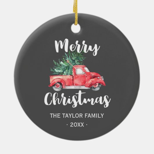 赤いトラックと木 |グレー・メリー・クリスマス・ホリデー セラミックオーナメント (裏面)