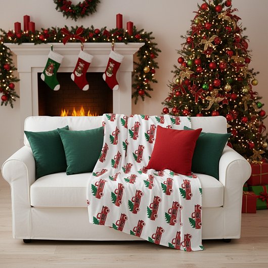 赤いトラックと木 フリースブランケット