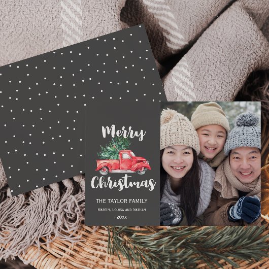 赤いトラックと木 |灰色のクリスマスフォト シーズンカード