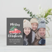 赤いトラックと木 |灰色のクリスマスフォト シーズンカード (スタンド正面)