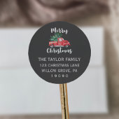 赤いトラックと木 |灰色のクリスマス差出人住所 ラウンドシール