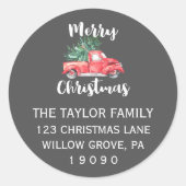 赤いトラックと木 |灰色のクリスマス差出人住所 ラウンドシール (正面)