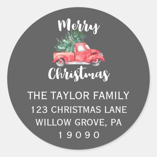赤いトラックと木 |灰色のクリスマス差出人住所 ラウンドシール (正面)