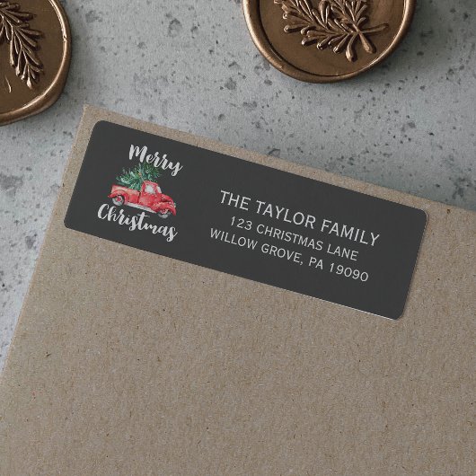赤いトラックと木 | Gray Merry Christmas ラベル
