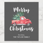 赤いトラックと木 | Gray Merry Christmas Gift ワインラベル (シングルラベル)