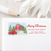 赤いトラックと納屋クリスマスリターンラベル ラベル (インサイチュ)