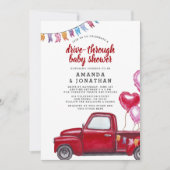 赤いトラックと風船がベビーシャワーを通る 招待状 (正面)
