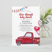 赤いトラックと風船がベビーシャワーを通る 招待状 (スタンド正面)