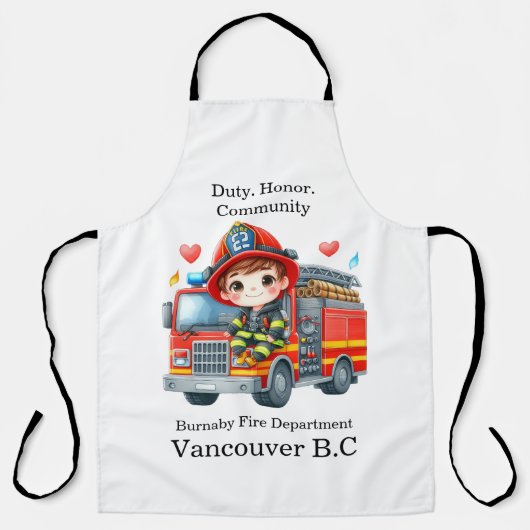 赤いトラックに乗って喜ぶ若い消防士 エプロン (正面)