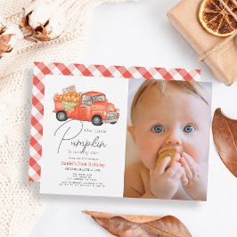 赤いトラックのカボチャのギンガム写真 1歳の誕生日 招待状